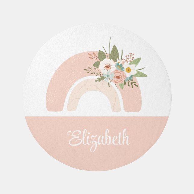 Pink Floral Rainbow with Custom Name Round Rug (Front)