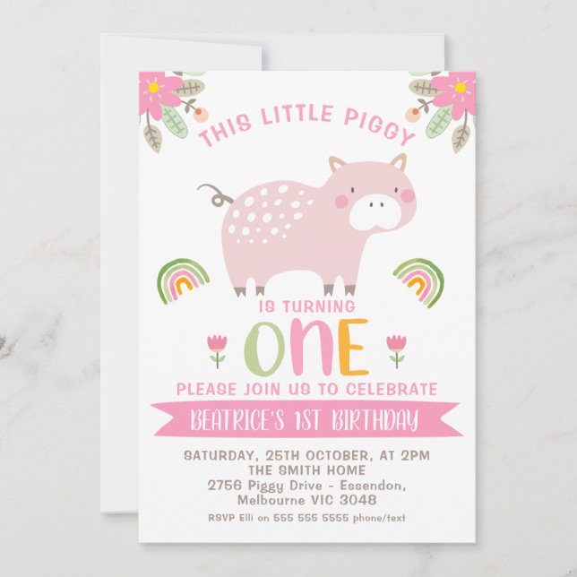Pink Floral Rainbows Little Piggy 1st Birthday Invitation (Front)