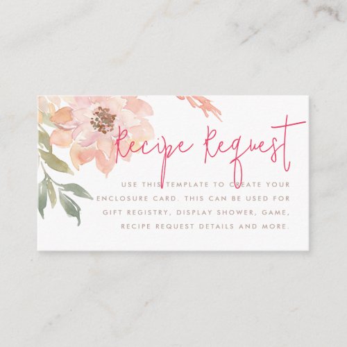 Pink Floral Recipe Request Bridal Shower Enclosure Card