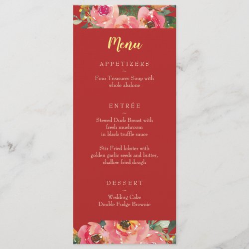 Pink floral red background Chinese wedding Menu