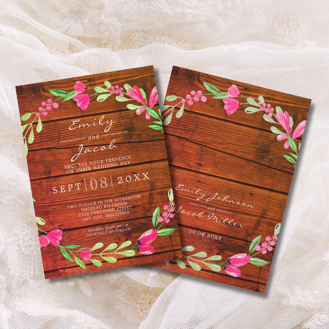 Pink Floral Red Brown Rustic Wood Country Wedding Announcement (Pink Floral Red Brown Rustic Wood Country Wedding Announcement)