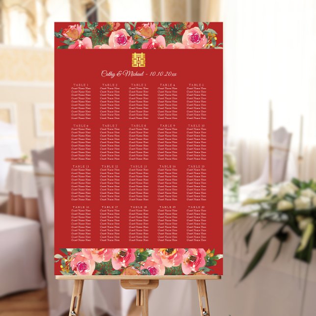 Pink floral red chinese wedding seating chart  (Creator Uploaded)