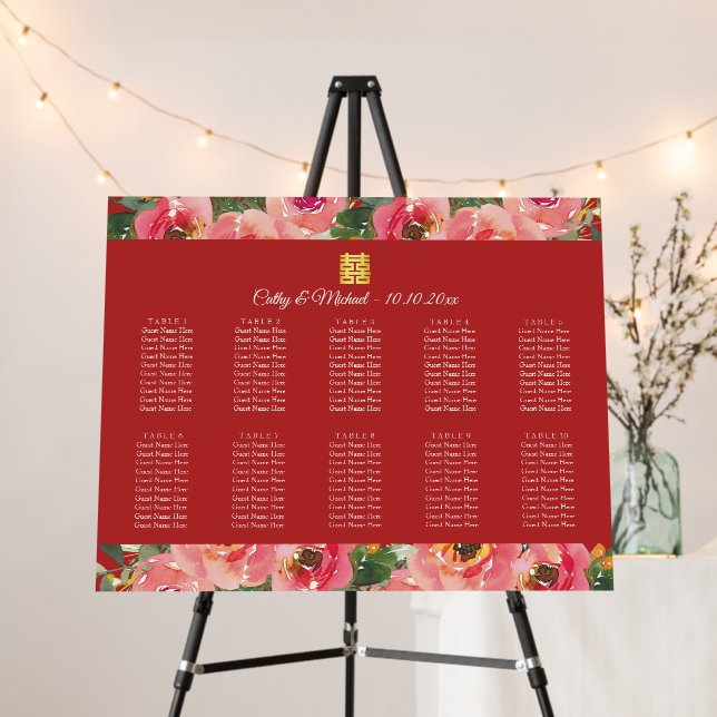 Pink floral red chinese wedding seating chart foam board (In Situ (Stand))