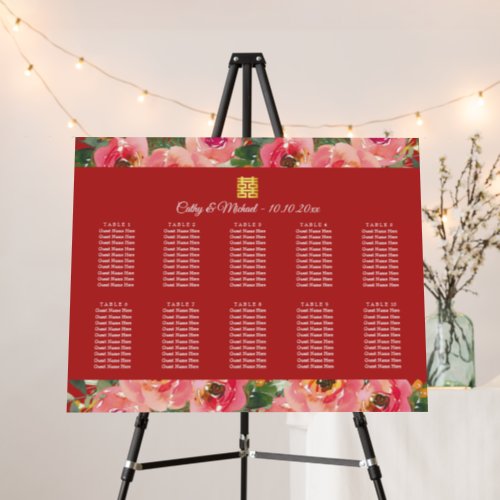 Pink floral red chinese wedding seating chart foam foam board