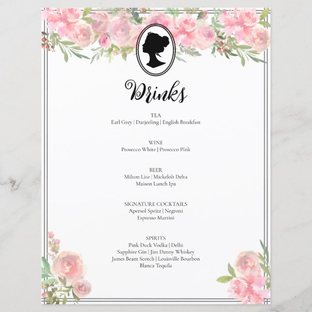Pink Floral Regency Bridal Shower Cocktail Menu (Front)