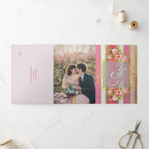 Pink Floral Regency Era Wedding Tri-Fold Invitation