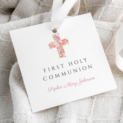 Pink Floral Religious Cross Girl First Communion  Favor Tags