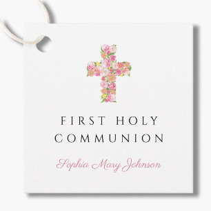 Pink Floral Religious Cross Girl First Communion Favor Tags