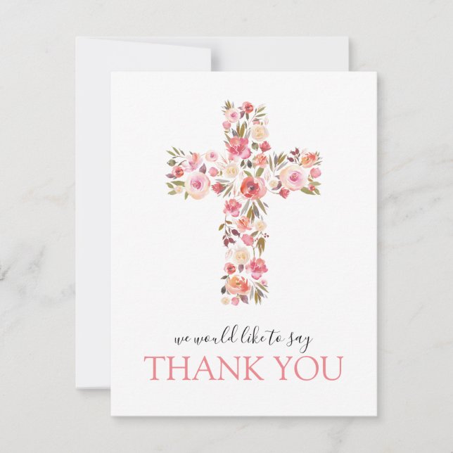 Pink Floral Religious Cross Thank You Card (Front)