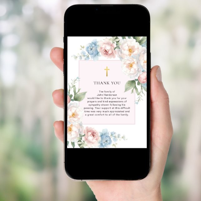 Pink Floral Religious Funeral Thank You Card (Front Digital)