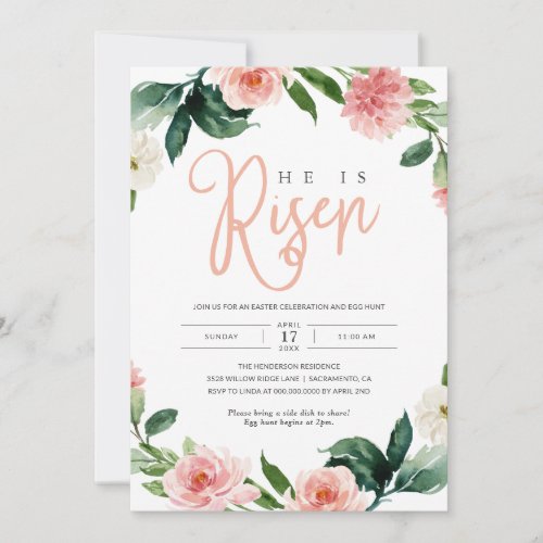 Pink Floral Religious He is Risen Easter Brunch Invitation