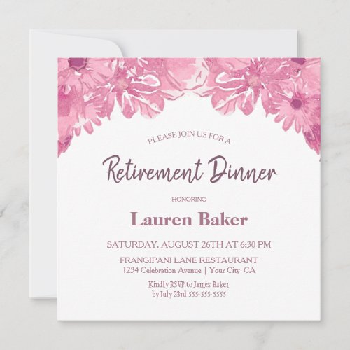 Pink Floral Retirement Dinner Party Invitation