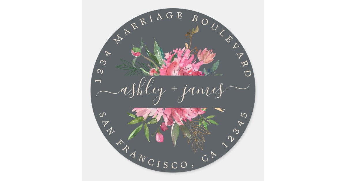 Pink Floral Return Address Black Envelope Seal | Zazzle
