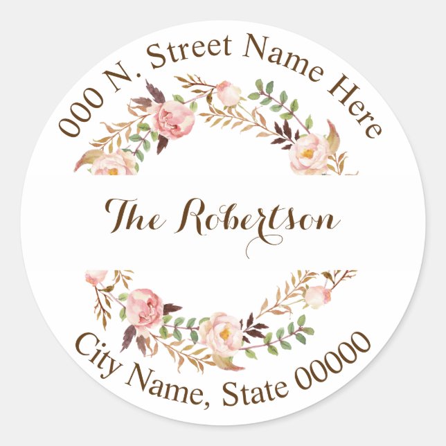 Pink Floral Return Address Classic Round Sticker (Front)