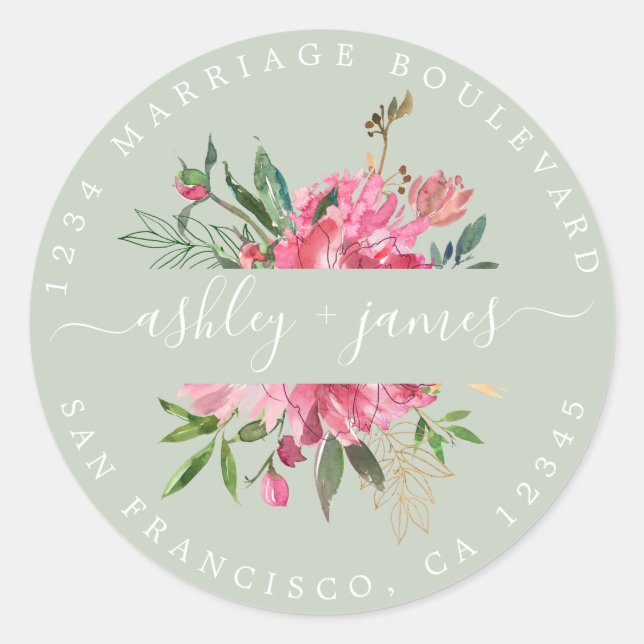 Pink Floral Return Address Green Envelope Seal (Front)