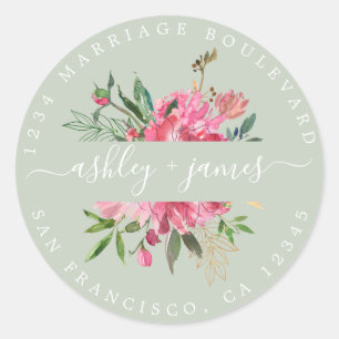 Pink Floral Return Address Green Envelope Seal