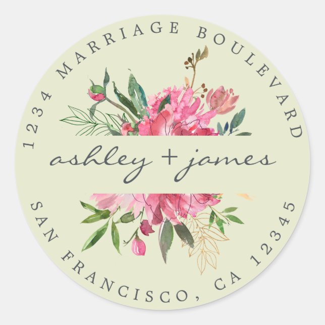 Pink Floral Return Address Green Envelope Seal (Front)