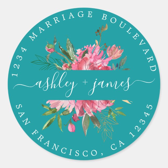 Pink Floral Return Address Green Envelope Seal (Front)