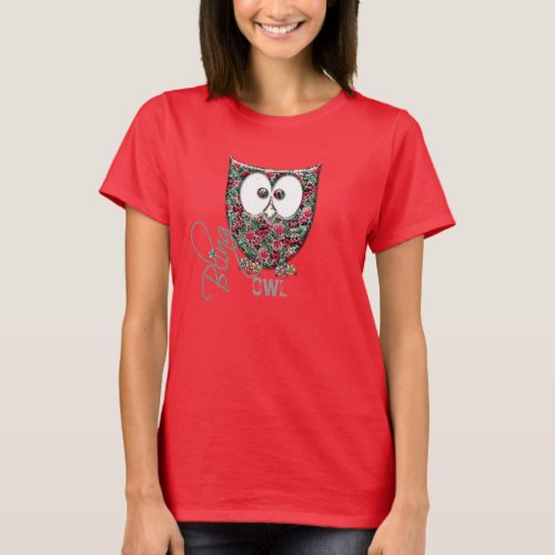 Pink Floral Rhinestone Bling Printed Owl T_Shirt