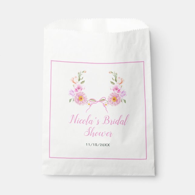 Pink Floral Ribbon Bridal Shower Favor Bag (Front)