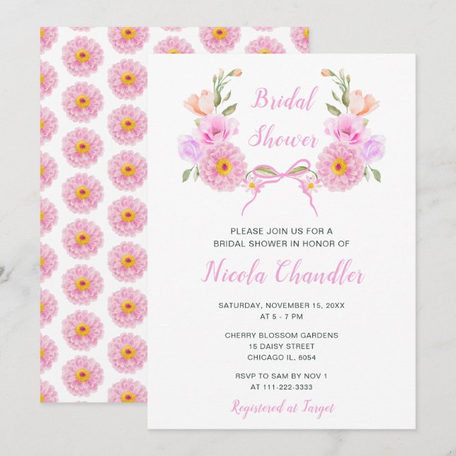 Pink Floral Ribbon Bridal Shower Invitation (Front/Back)
