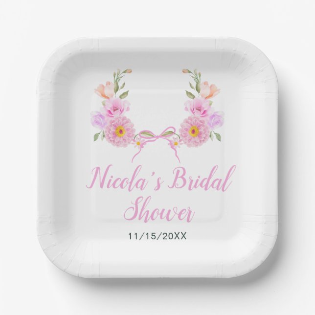 Pink Floral Ribbon Bridal Shower Paper Plates (Front)