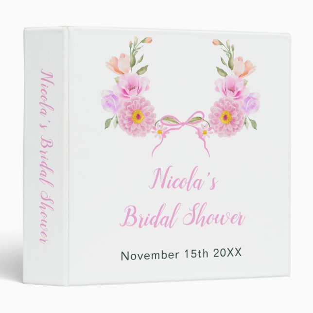 Pink Floral Ribbon Bridal Shower Photo Album 3 Ring Binder (Front/Spine)