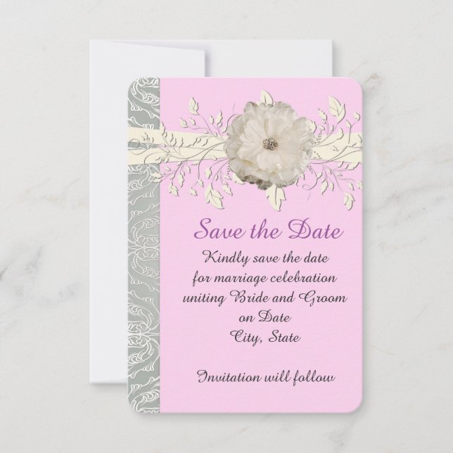 Pink Floral Ribbon Silver Damask Save the date (Front)