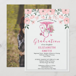 Pink Floral RN Nursing Graduation Invitation BSN