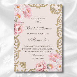 Pink Floral Rococo Vintage Peony Bridal Shower Invitation