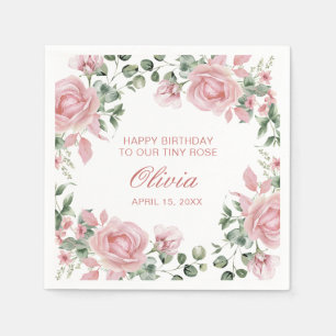 Pink Floral Rose 1st Birthday Party Plate Napkins