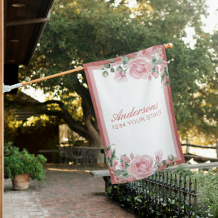 Pink Floral Rose Birthday Party Plate House Flag