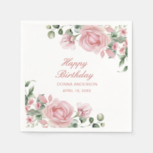 Pink Floral Rose Birthday Party Plate Napkins