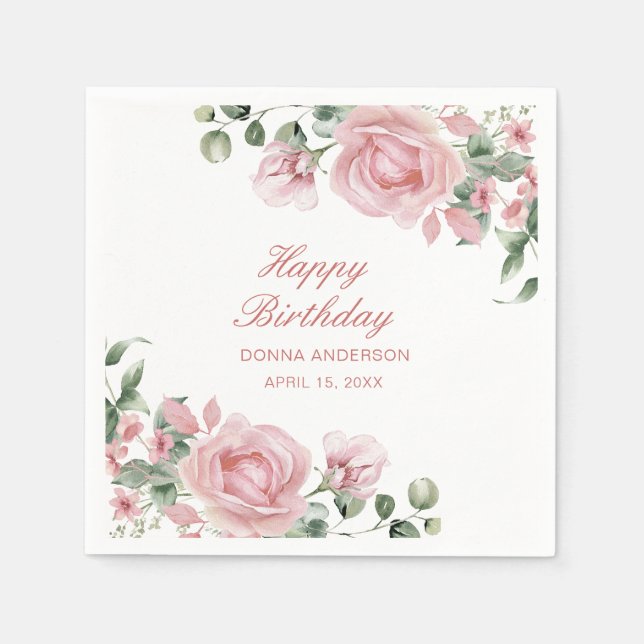 Pink Floral Rose Birthday Party Plate Napkins (Front)