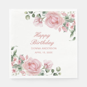 Pink Floral Rose Birthday Party Plate Napkins