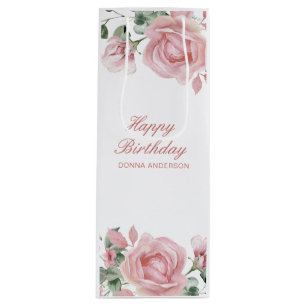 Pink Floral Rose Birthday Party Wine Gift Bag
