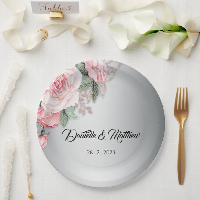Pink Floral Rose Bouquet and Silver Wedding Paper Plates (Wedding)