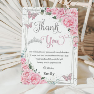 Pink Floral Rose Butterflies Sweet 16 Quinceañera Thank You Card