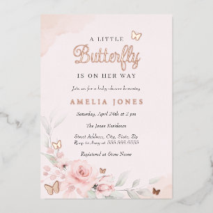 Pink Floral Rose Butterfly Baby Shower Foil Invitation