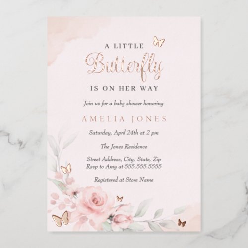 Pink Floral Rose Butterfly Baby Shower  Foil Invitation