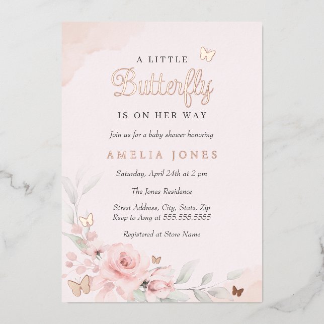 Pink Floral Rose Butterfly Baby Shower  Foil Invitation (Front)
