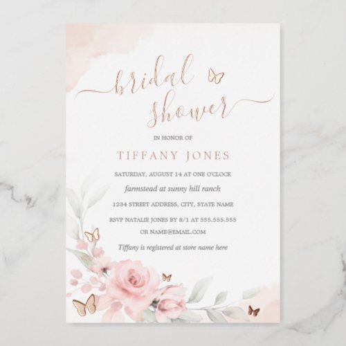 Pink Floral Rose Butterfly Bridal Shower  Foil Invitation