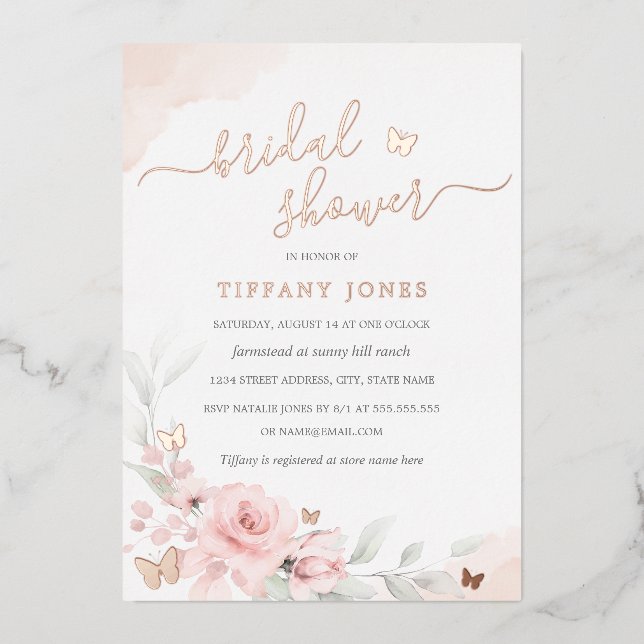Pink Floral Rose Butterfly Bridal Shower  Foil Invitation (Front)