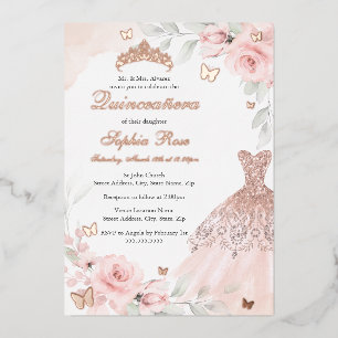 Pink Floral Rose Butterfly Dress Quinceanera  Foil Invitation
