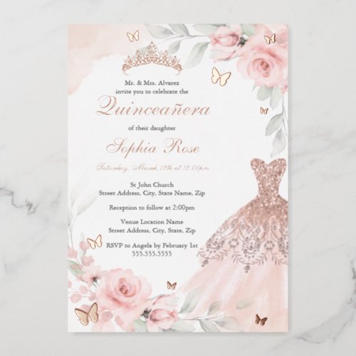 Pink Floral Rose Butterfly Dress Quinceanera  Foil Invitation