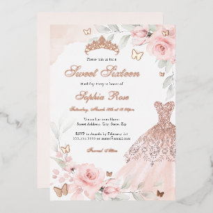 Pink Floral Rose Butterfly Dress Sweet Sixteen Foil Invitation