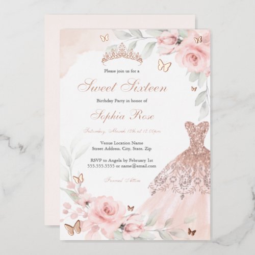 Pink Floral Rose Butterfly Dress Sweet Sixteen  Foil Invitation