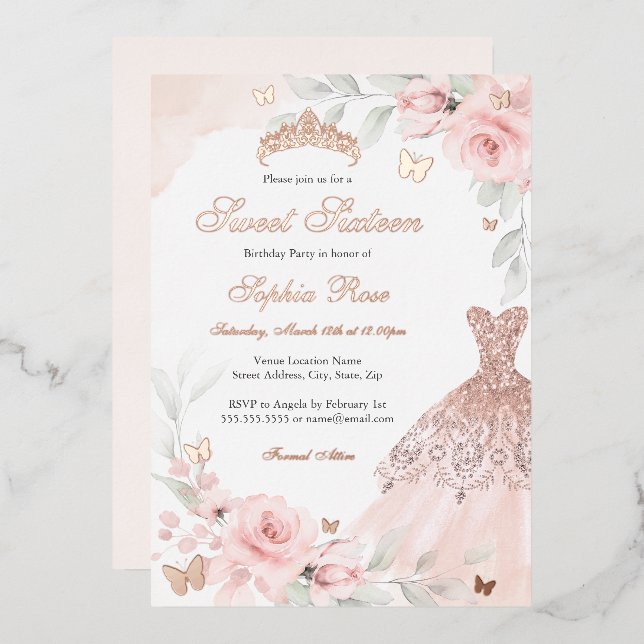 Pink Floral Rose Butterfly Dress Sweet Sixteen  Foil Invitation (Front/Back)