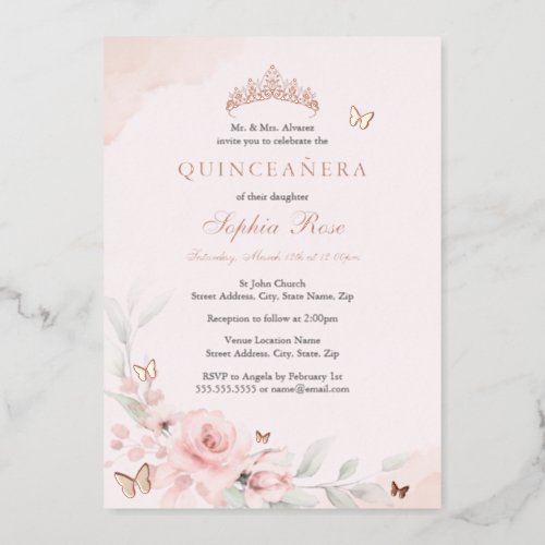Pink Floral Rose Butterfly Quinceanera 15th Foil Invitation