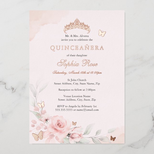 Pink Floral Rose Butterfly Quinceanera 15th Foil Invitation (Front)